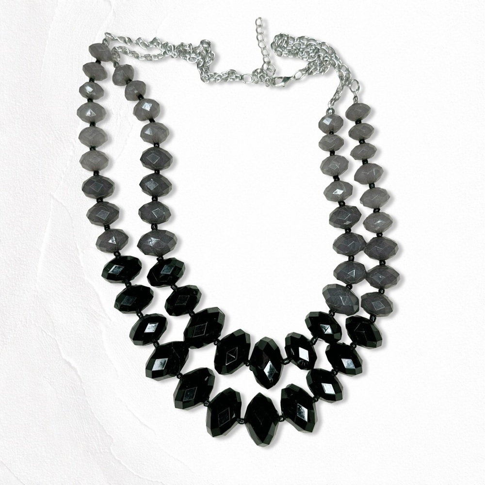 4A. Plastic Statement Black and Gray Beaded Necklace